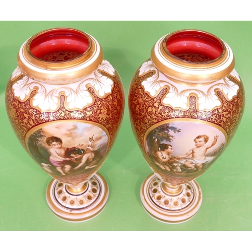 56 - A Pair of Bohemian Red Glass and White Enamelled Round Bulbous Thin Necked Vases having hand painted... 