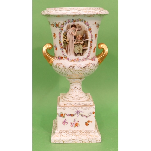 59 - A Continental China 2 Handled Urn Shaped Vase on square platform base, white ground with multicolour... 