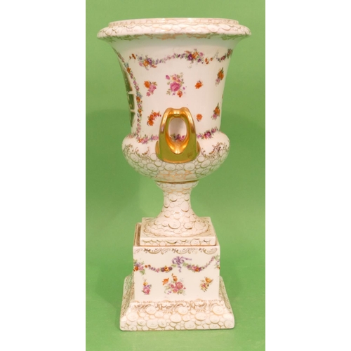 59 - A Continental China 2 Handled Urn Shaped Vase on square platform base, white ground with multicolour... 