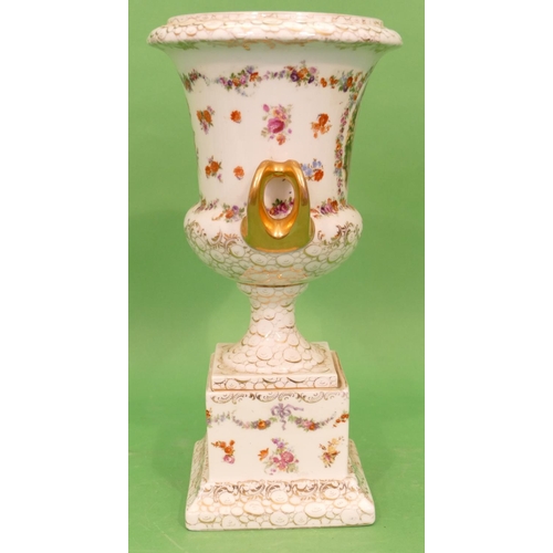 59 - A Continental China 2 Handled Urn Shaped Vase on square platform base, white ground with multicolour... 