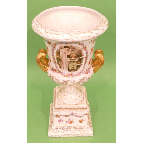 59 - A Continental China 2 Handled Urn Shaped Vase on square platform base, white ground with multicolour... 