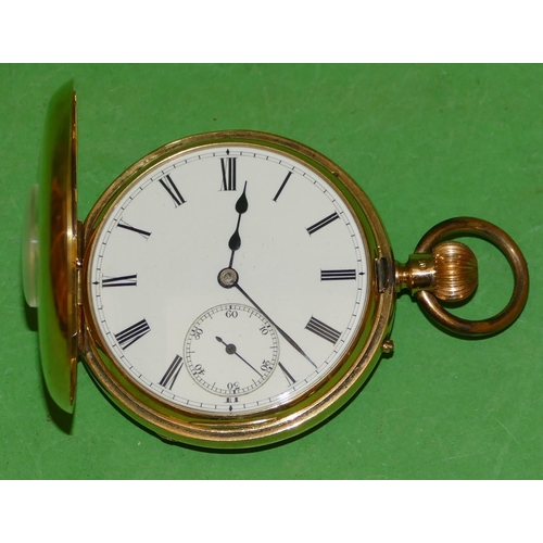 590 - A 18ct Gold Half Hunter Pocket Watch having blue enamelled numbers white enamel dial with seconds di... 