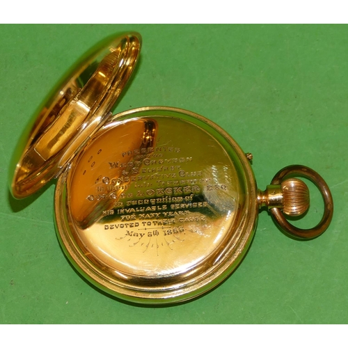 590 - A 18ct Gold Half Hunter Pocket Watch having blue enamelled numbers white enamel dial with seconds di... 