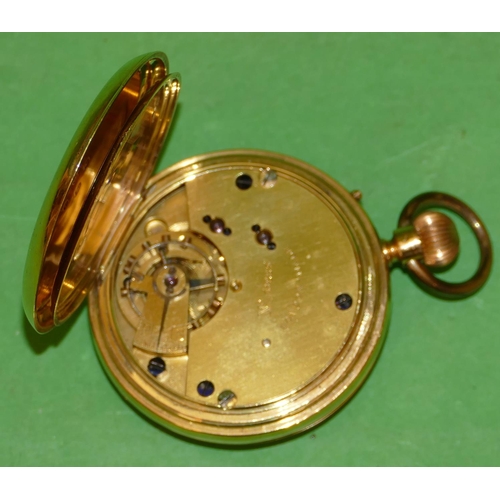 590 - A 18ct Gold Half Hunter Pocket Watch having blue enamelled numbers white enamel dial with seconds di... 