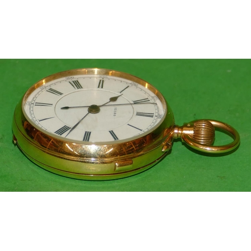 592 - An 18ct Gold Open Faced Pocket Watch having white enamel dial with Roman and Arabic numerals with se... 