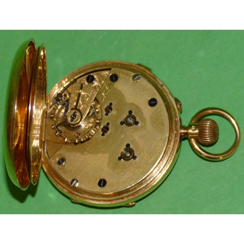 592 - An 18ct Gold Open Faced Pocket Watch having white enamel dial with Roman and Arabic numerals with se... 