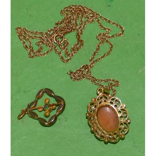 609 - A 9ct Gold Pendant mounted with cameo with chain, also another small pendant mounted with green ston... 