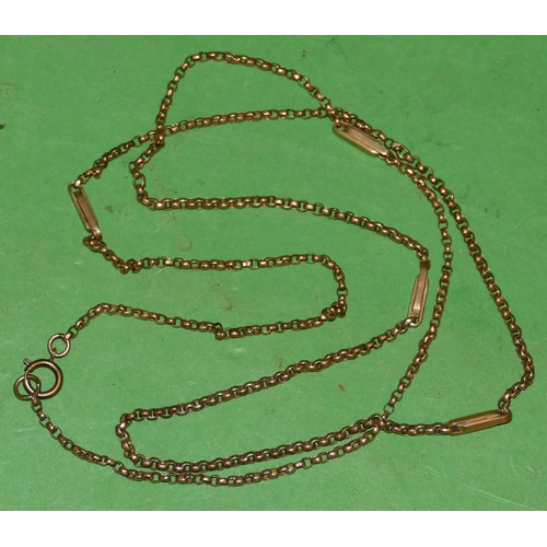 615 - A 9ct Gold Linked and Rectangular Panelled Chain, 88cm long (clasp plated) 10.3g gross.