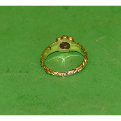 620 - A 19th Century Ladies Ring set with centre pearl surrounded by turquoise having scroll and leaf deco... 