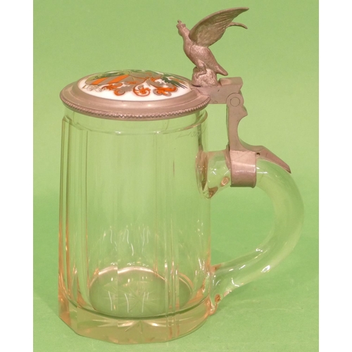 65 - A 19th Century German Cut Glass and Pewter Beer Stein having hinge lid with bird motif, inset with p... 