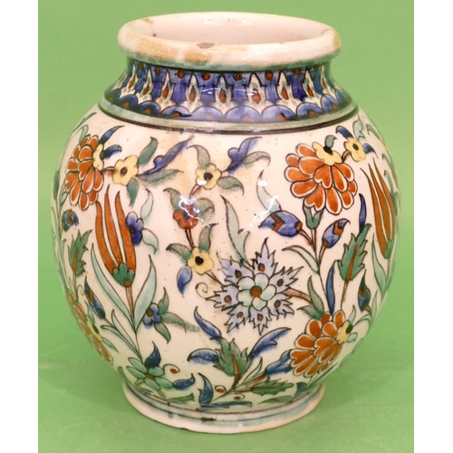 66 - A Jerusalem Round Bulbous Thin Necked Vase on white ground with multicoloured floral and leaf decora... 