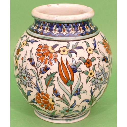 66 - A Jerusalem Round Bulbous Thin Necked Vase on white ground with multicoloured floral and leaf decora... 