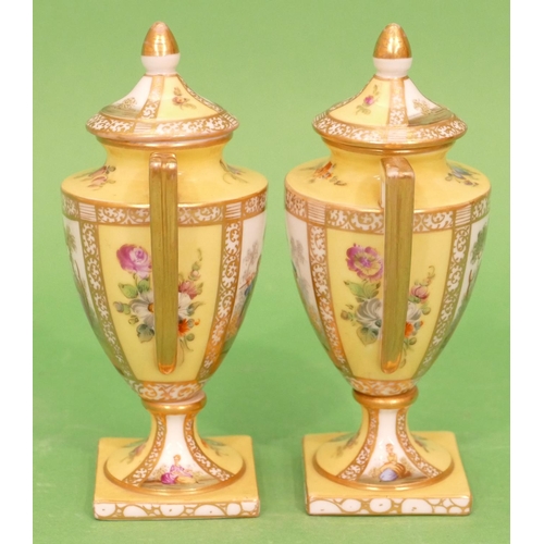 68 - A Pair of Dresden Round Bulbous 2 Handled Lidded Vases on yellow ground having multicoloured figure,... 