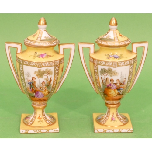 68 - A Pair of Dresden Round Bulbous 2 Handled Lidded Vases on yellow ground having multicoloured figure,... 