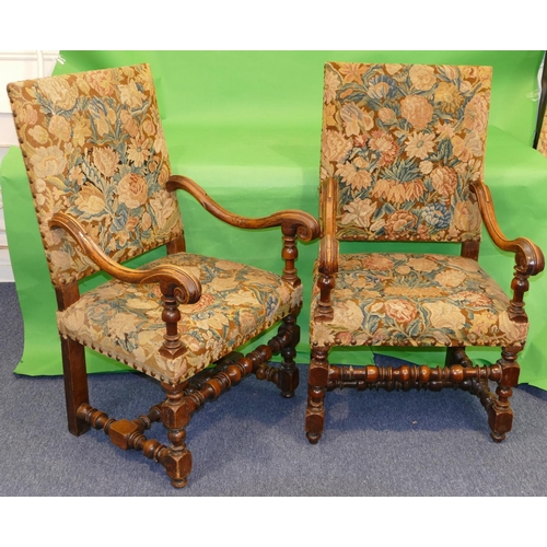 861 - A Pair of 18/19th Century Walnut Framed Armchairs having scroll arms, turned bobbin supports and str... 