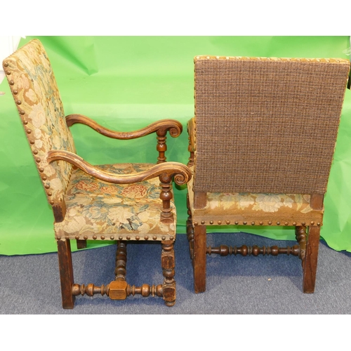 861 - A Pair of 18/19th Century Walnut Framed Armchairs having scroll arms, turned bobbin supports and str... 