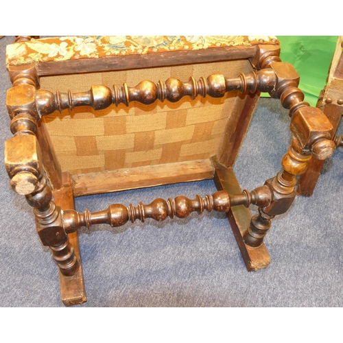 861 - A Pair of 18/19th Century Walnut Framed Armchairs having scroll arms, turned bobbin supports and str... 