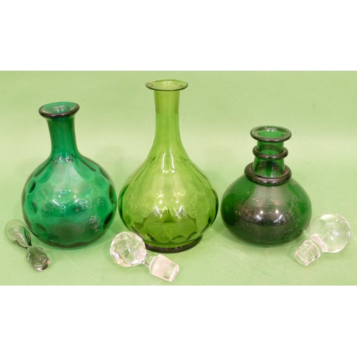 107 - A 19th Century Green Glass Round Bulbous Thin Necked Decanter with stopper, 26cm high, also 2 small ... 