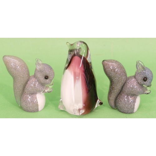 108 - 2 x Langham Glass Paperweights in form of squirrels, 7.5cm high, also a similar glass model of a pen... 