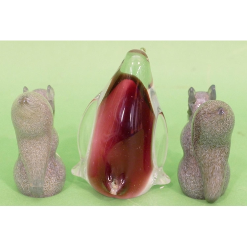 108 - 2 x Langham Glass Paperweights in form of squirrels, 7.5cm high, also a similar glass model of a pen... 