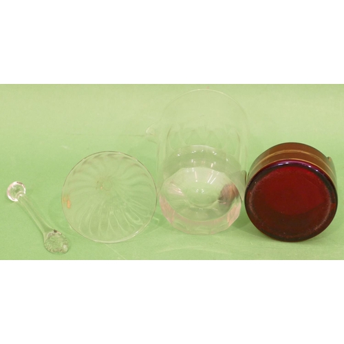 111 - A Glass Funnel, 13cm long, a Georgian round glass lipped mixing bowl with swizzle stick, also a 19th... 