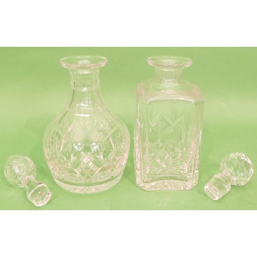 112 - A Heavy Glass Round Bulbous Thin Necked Decanter with stopper, 27cm high, also a square cut glass de... 