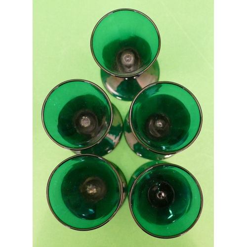 115 - A Set of 5 Georgian Green Glass Trumpet Shaped Glasses on round sweeping bases, 10cm high, also a pa... 