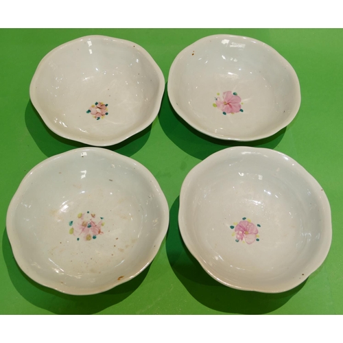 12 - 4 x Oriental Round Scallop Shaped Shallow Bowls on white ground with multicoloured, floral, leaf, in... 