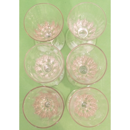 125 - 6 x Similar Georgian Plain Glass Round Trumpet Shaped Wine Glasses with thumb pattern decoration, kn... 