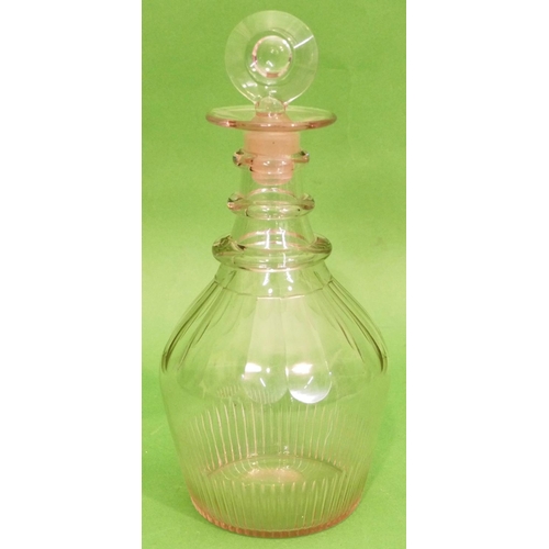 132 - A Georgian Cut Glass Round Bulbous Decanter with flat stopper having ring neck, thumb pattern decora... 