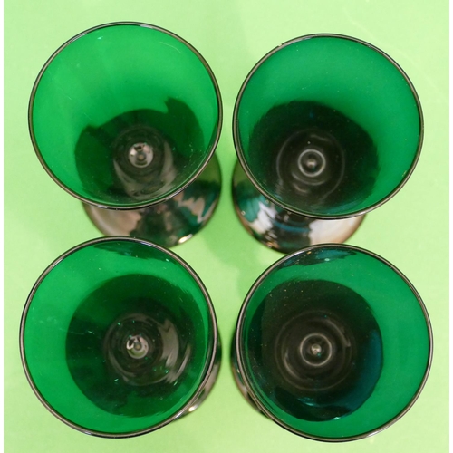 135 - A Pair of Georgian Trumpet Shaped Wine Glasses having knob stems, also another similar pair of green... 