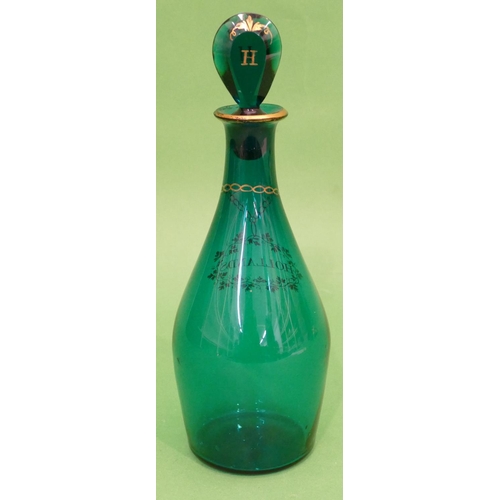 137 - A 19th century Pale Blue Round Bulbous Thin Necked Decanter with flat stopper, having gilt vine deco... 