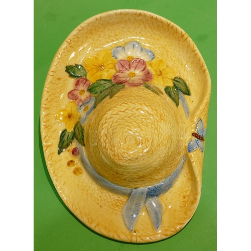 14 - A China Wall Pocket in form of a straw hat having raised insect, coloured, floral and leaf decoratio... 