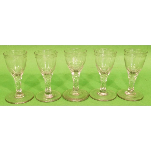 142 - 5 x Similar Georgian Cordial Glasses having thumb pattern rim, diamond chamfer stems on sweeping bas... 