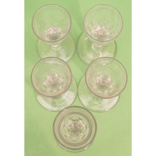 142 - 5 x Similar Georgian Cordial Glasses having thumb pattern rim, diamond chamfer stems on sweeping bas... 