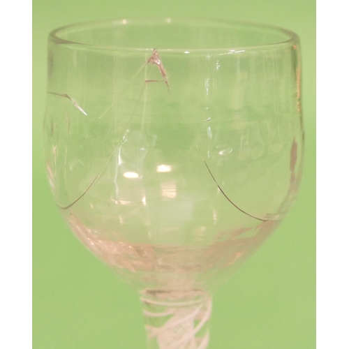 144 - A Georgian Round Cordial Glass (bowl cracked) having opaque twist stem on round splayed foot, 13cm h... 