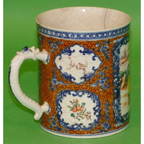 161 - A Chinese Export large Tankard having multicolored, figure, bird, floral and scroll decoration, shap... 