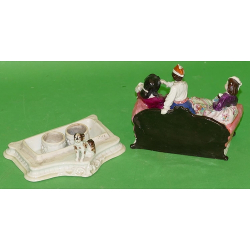 162 - A Victorian Porcelain Ink Stand Group with cover in form of ladies stood on a sofa (letter in hand a... 