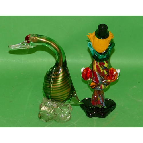 170 - An Murano Glass Figure of a bird on green ground, 20.5cm high, also an Murano glass figure of a stan... 