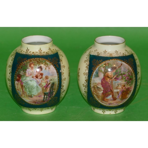 175 - A Pair of Bohemian Small Round Bulbous Shaped Vases on green ground with multicoloured figure, flora... 