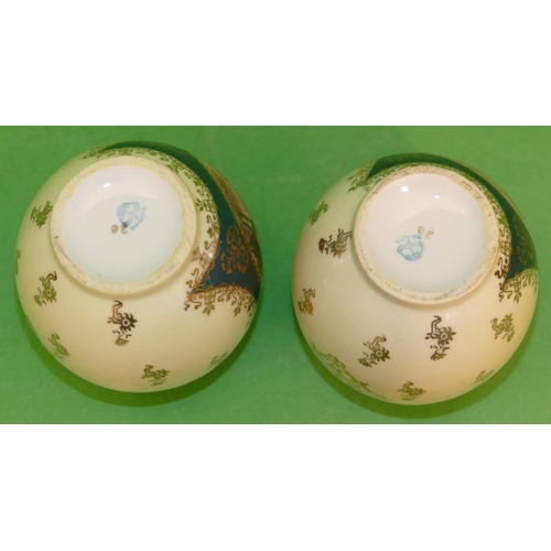 175 - A Pair of Bohemian Small Round Bulbous Shaped Vases on green ground with multicoloured figure, flora... 