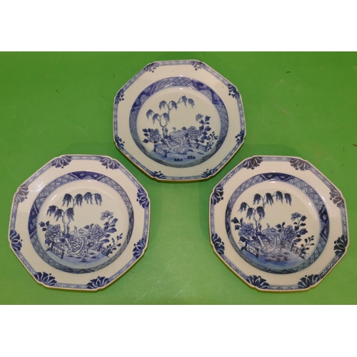 186 - A Set of 3 x 18th Century Chinese Octagonal Shaped Blue and White Plates depicting garden, fence, tr... 