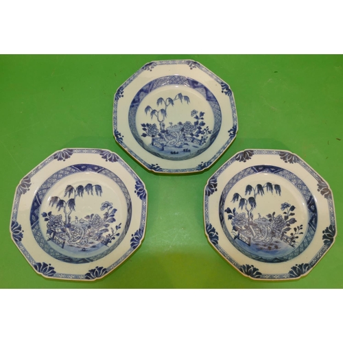 186 - A Set of 3 x 18th Century Chinese Octagonal Shaped Blue and White Plates depicting garden, fence, tr... 