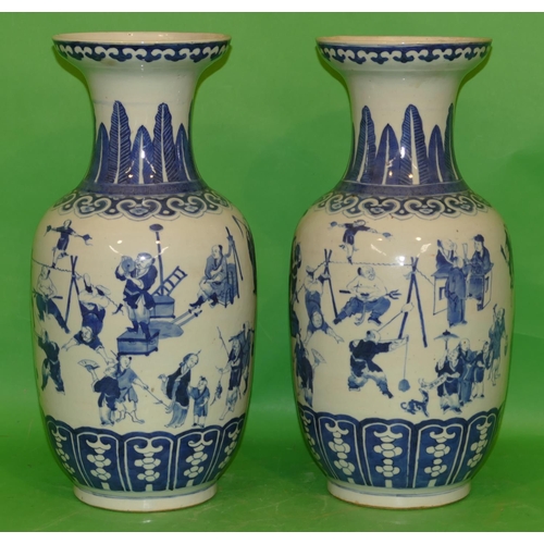 187 - A Pair of Chinese Blue and White Round Bulbous Thin Necked Trumpet Shaped Vases having all over vari... 