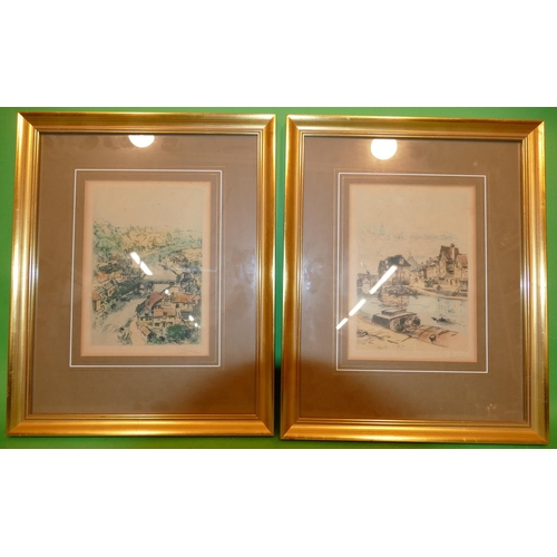 235 - A Pair of Signed Coloured Etchings depicting canal scenes indistinctly signed Lesne?, in gilt frames... 