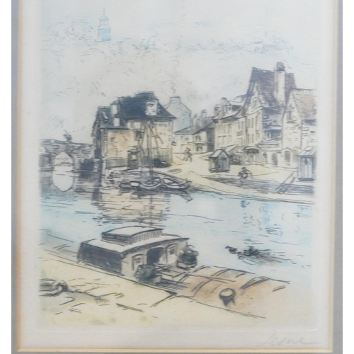 235 - A Pair of Signed Coloured Etchings depicting canal scenes indistinctly signed Lesne?, in gilt frames... 