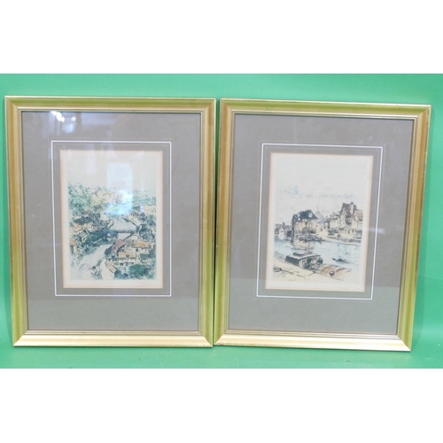 235 - A Pair of Signed Coloured Etchings depicting canal scenes indistinctly signed Lesne?, in gilt frames... 