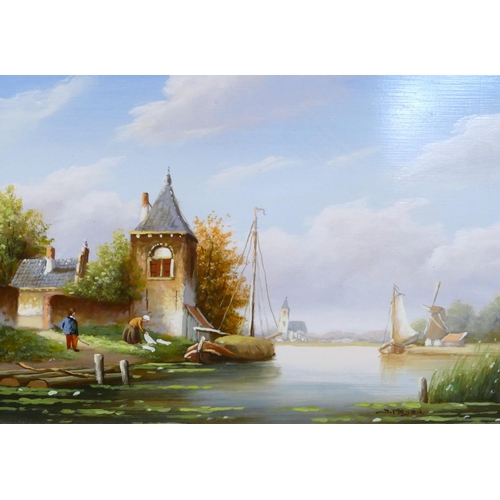 236 - A Modern Oil on Board Dutch canal scene in gilt frame, 12cm x 17.5cm.