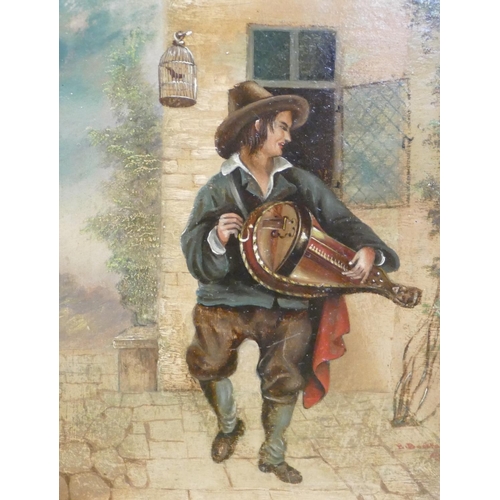 246 - A Pair of Oil on Cards depicting continental street musicians, 1 indistinctly signed and dated, in g... 