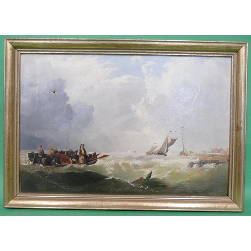 247 - A 19th Century Marine Oil on Canvas depicting sailing and rowing boats in rough seas off jetty, unsi... 